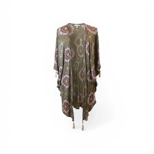 Papermoon Olive Boho Kimono Cardigan Floral Medallion Duster tassel cover up S